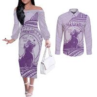 Personalised Hawaii Monk Seal Couples Matching Off The Shoulder Long Sleeve Dress and Long Sleeve Button Shirt Polynesian Tattoo With Tropical Flowers - Purple Pastel LT14 Purple - Polynesian Pride