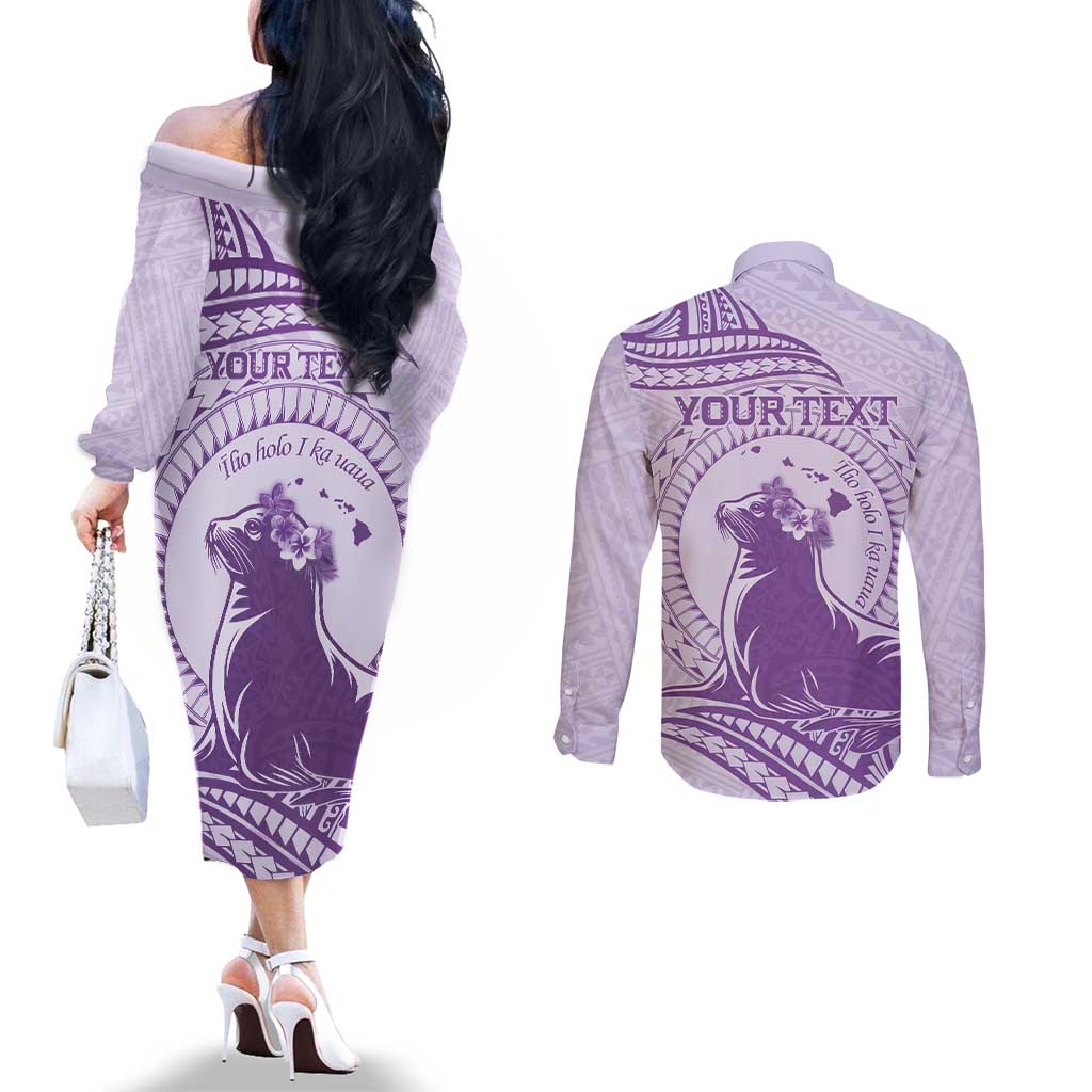 Personalised Hawaii Monk Seal Couples Matching Off The Shoulder Long Sleeve Dress and Long Sleeve Button Shirt Polynesian Tattoo With Tropical Flowers - Purple Pastel LT14 - Polynesian Pride