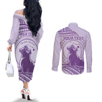 Personalised Hawaii Monk Seal Couples Matching Off The Shoulder Long Sleeve Dress and Long Sleeve Button Shirt Polynesian Tattoo With Tropical Flowers - Purple Pastel LT14 - Polynesian Pride
