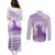 Personalised Hawaii Monk Seal Couples Matching Puletasi and Long Sleeve Button Shirt Polynesian Tattoo With Tropical Flowers - Purple Pastel