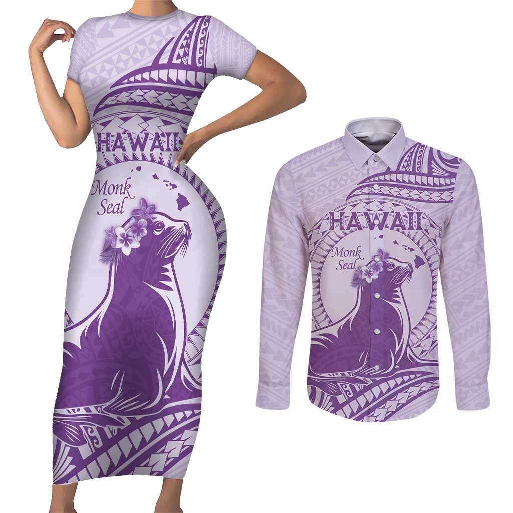 Personalised Hawaii Monk Seal Couples Matching Short Sleeve Bodycon Dress and Long Sleeve Button Shirt Polynesian Tattoo With Tropical Flowers - Purple Pastel LT14 Purple - Polynesian Pride