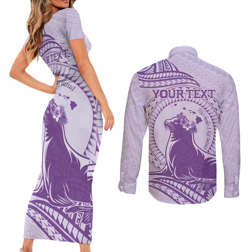 Personalised Hawaii Monk Seal Couples Matching Short Sleeve Bodycon Dress and Long Sleeve Button Shirt Polynesian Tattoo With Tropical Flowers - Purple Pastel LT14 - Polynesian Pride
