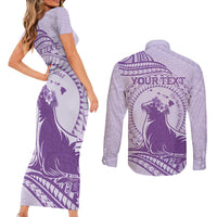 Personalised Hawaii Monk Seal Couples Matching Short Sleeve Bodycon Dress and Long Sleeve Button Shirt Polynesian Tattoo With Tropical Flowers - Purple Pastel LT14 - Polynesian Pride