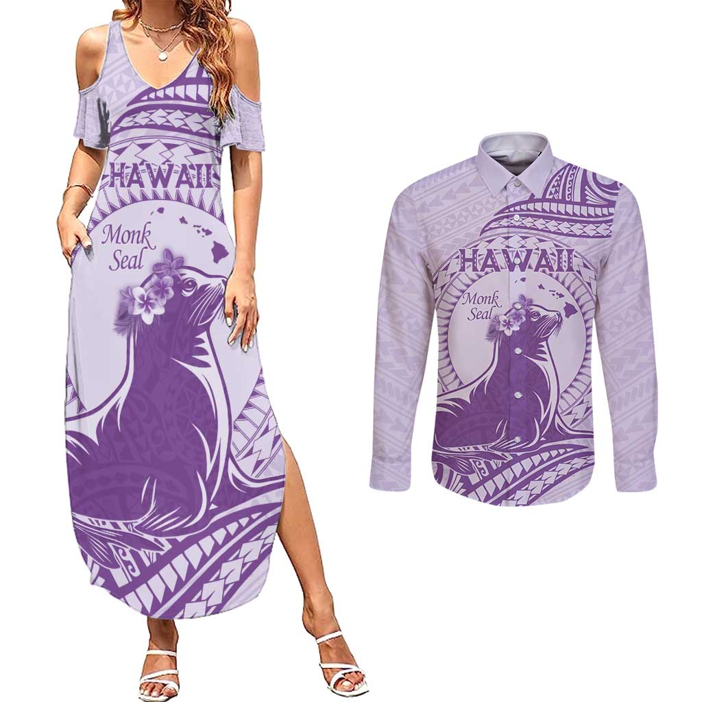 Personalised Hawaii Monk Seal Couples Matching Summer Maxi Dress and Long Sleeve Button Shirt Polynesian Tattoo With Tropical Flowers - Purple Pastel