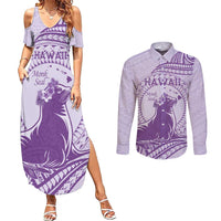 Personalised Hawaii Monk Seal Couples Matching Summer Maxi Dress and Long Sleeve Button Shirt Polynesian Tattoo With Tropical Flowers - Purple Pastel LT14 Purple - Polynesian Pride