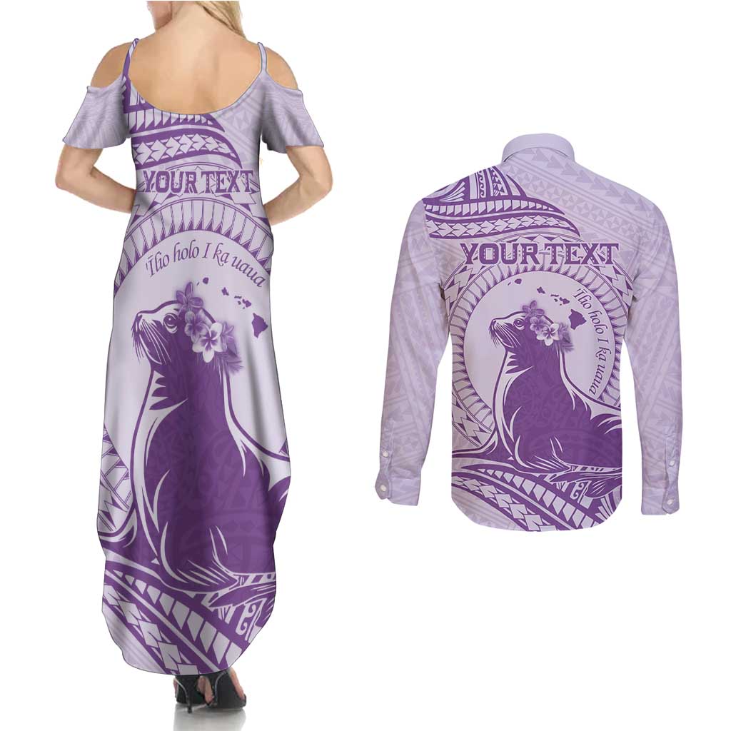 Personalised Hawaii Monk Seal Couples Matching Summer Maxi Dress and Long Sleeve Button Shirt Polynesian Tattoo With Tropical Flowers - Purple Pastel LT14 - Polynesian Pride