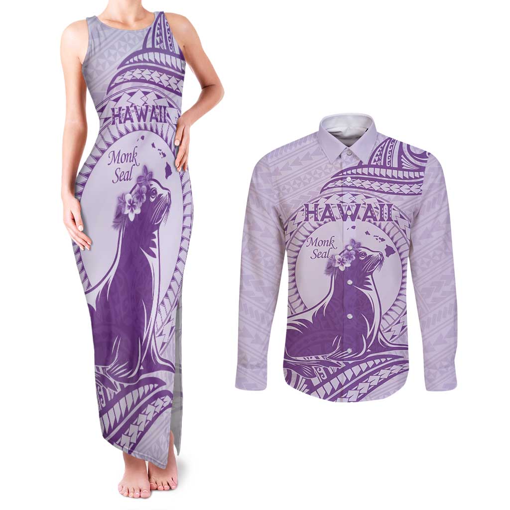 Personalised Hawaii Monk Seal Couples Matching Tank Maxi Dress and Long Sleeve Button Shirt Polynesian Tattoo With Tropical Flowers - Purple Pastel