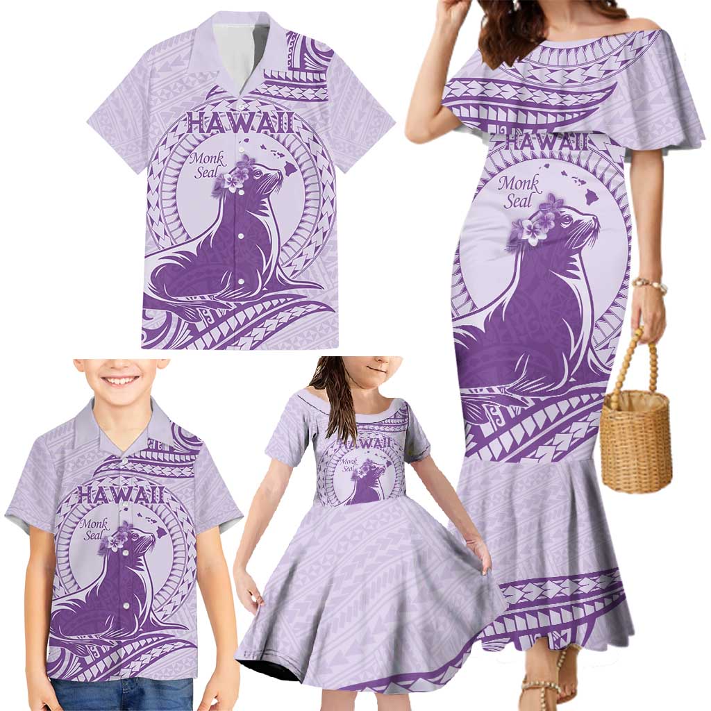 Personalised Hawaii Monk Seal Family Matching Mermaid Dress and Hawaiian Shirt Polynesian Tattoo With Tropical Flowers - Purple Pastel