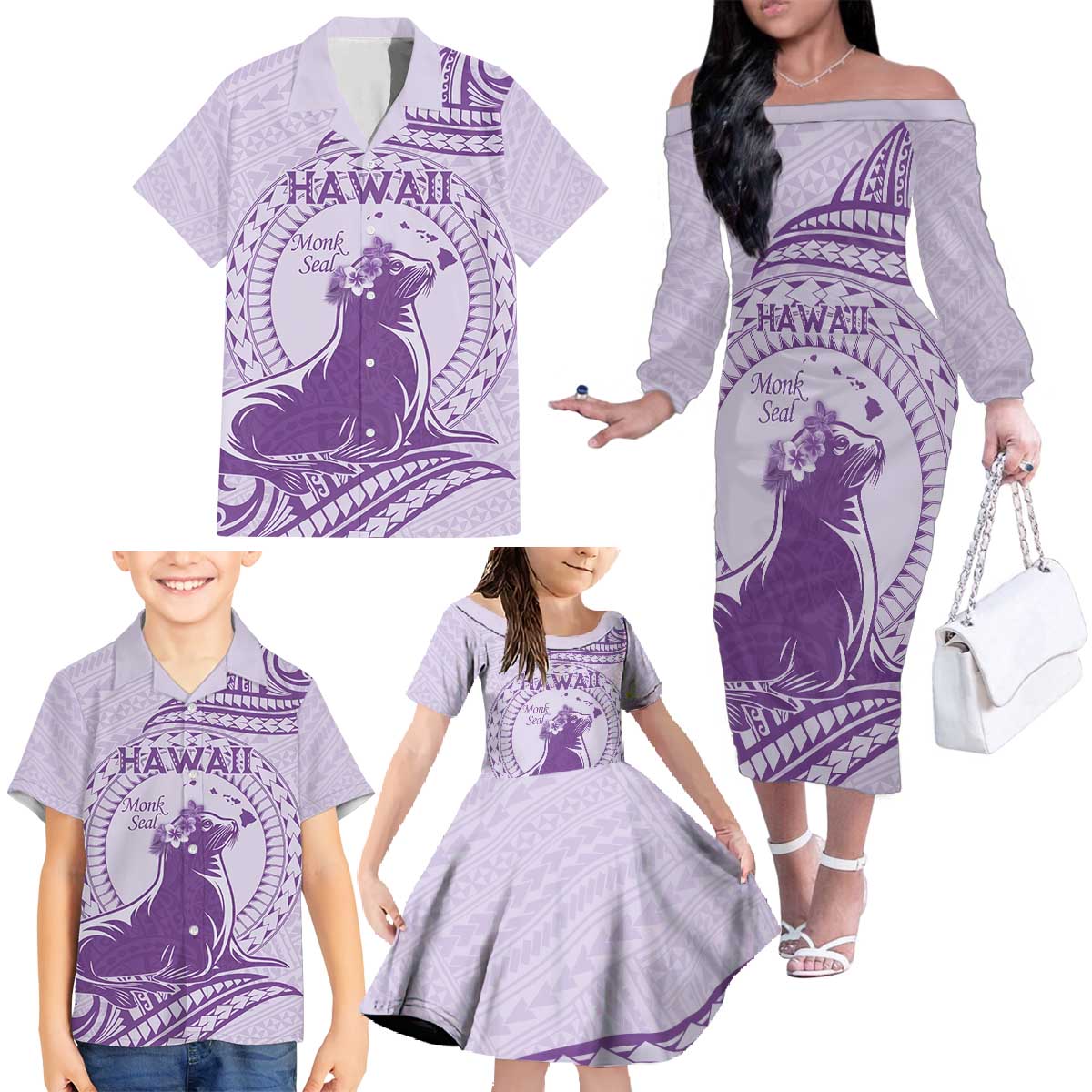 Personalised Hawaii Monk Seal Family Matching Off The Shoulder Long Sleeve Dress and Hawaiian Shirt Polynesian Tattoo With Tropical Flowers - Purple Pastel