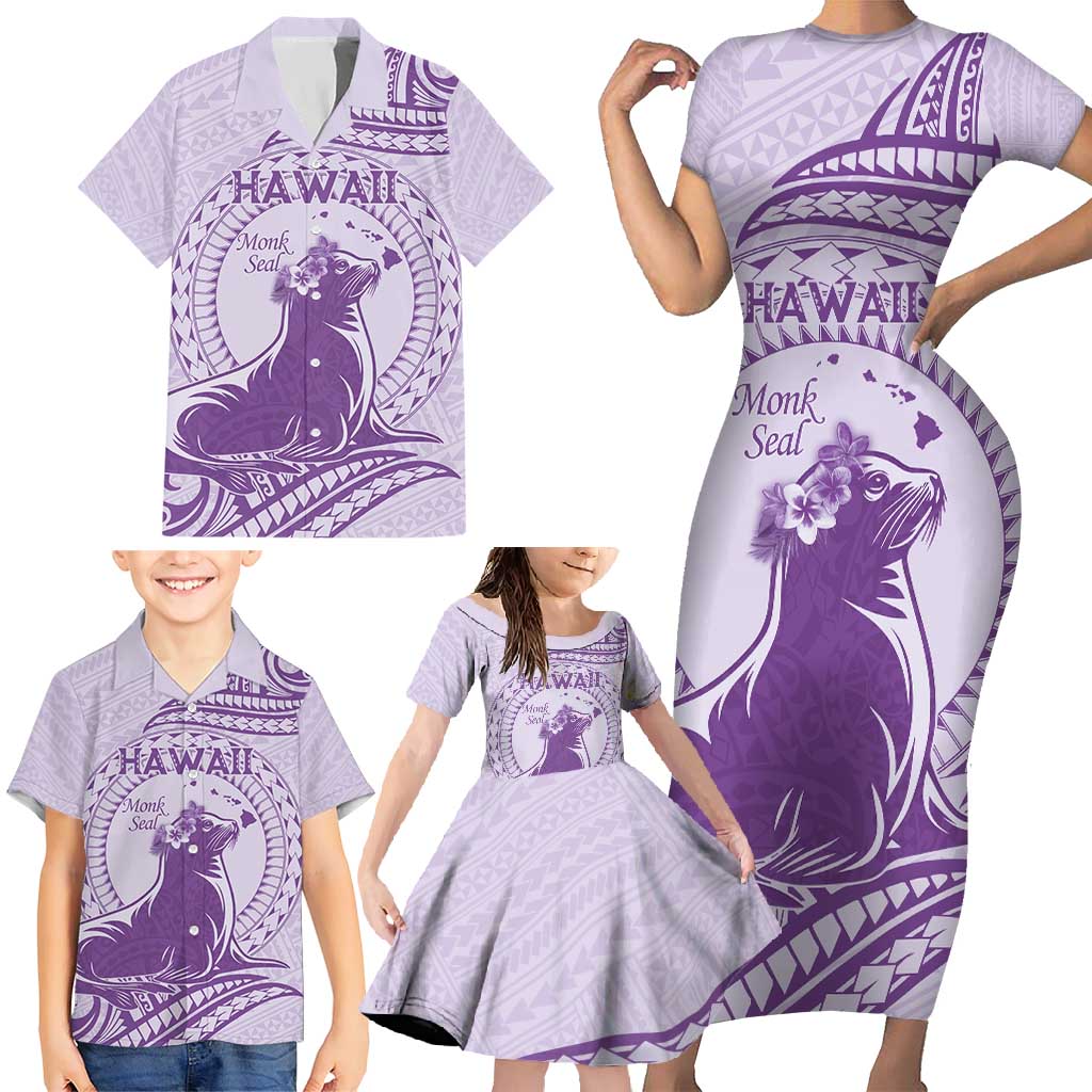 Personalised Hawaii Monk Seal Family Matching Short Sleeve Bodycon Dress and Hawaiian Shirt Polynesian Tattoo With Tropical Flowers - Purple Pastel