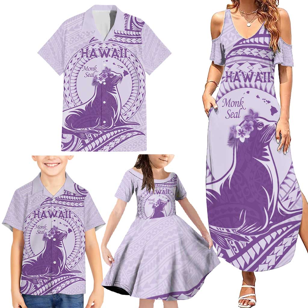 Personalised Hawaii Monk Seal Family Matching Summer Maxi Dress and Hawaiian Shirt Polynesian Tattoo With Tropical Flowers - Purple Pastel