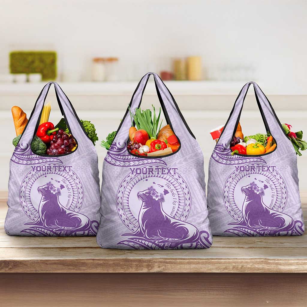 Personalised Hawaii Monk Seal Grocery Bag Polynesian Tattoo With Tropical Flowers - Purple Pastel LT14 3-pack One Size Purple - Polynesian Pride