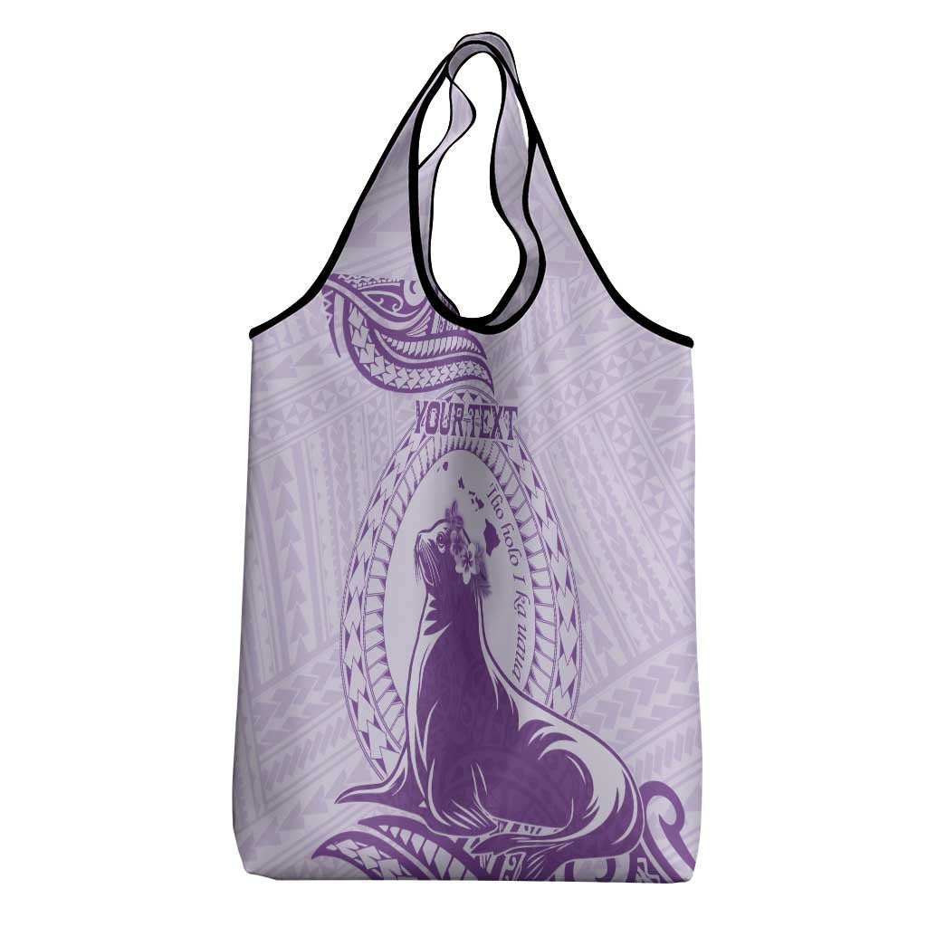 Personalised Hawaii Monk Seal Grocery Bag Polynesian Tattoo With Tropical Flowers - Purple Pastel LT14 - Polynesian Pride