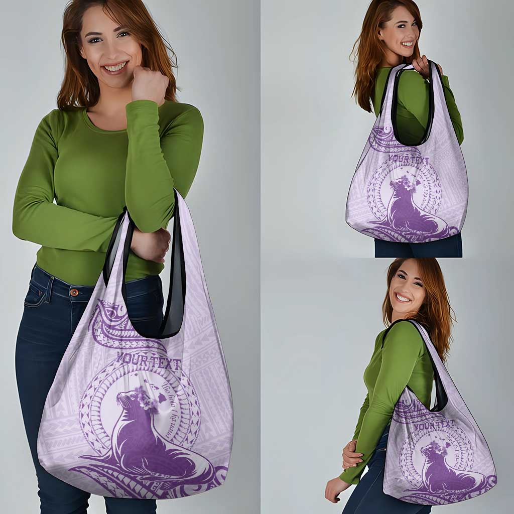 Personalised Hawaii Monk Seal Grocery Bag Polynesian Tattoo With Tropical Flowers - Purple Pastel LT14 - Polynesian Pride