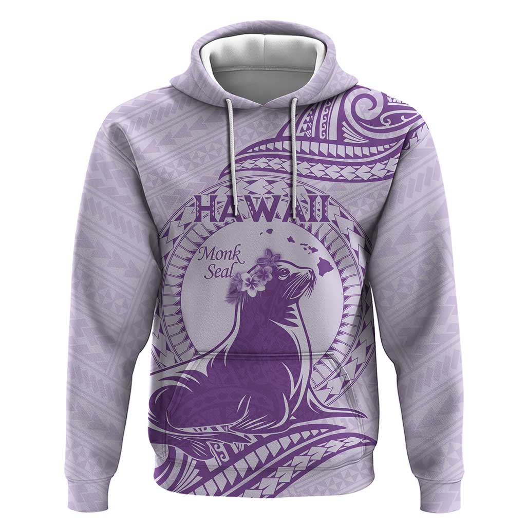 Personalised Hawaii Monk Seal Hoodie Polynesian Tattoo With Tropical Flowers - Purple Pastel