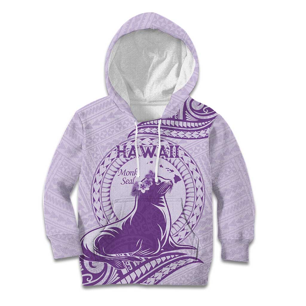 Personalised Hawaii Monk Seal Kid Hoodie Polynesian Tattoo With Tropical Flowers - Purple Pastel