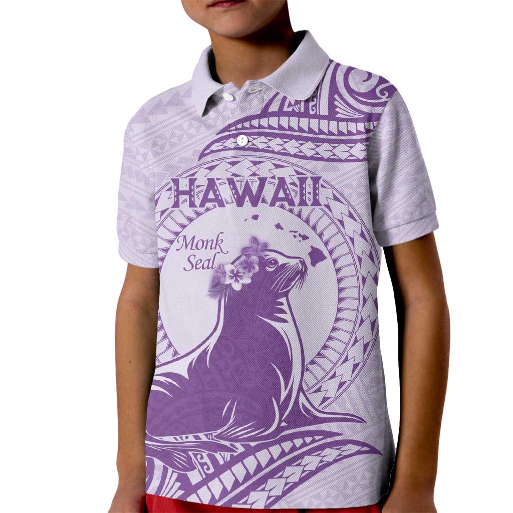 Personalised Hawaii Monk Seal Kid Polo Shirt Polynesian Tattoo With Tropical Flowers - Purple Pastel