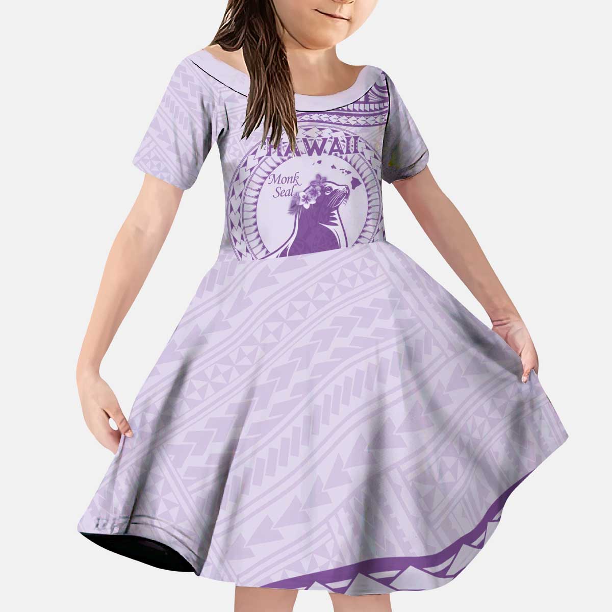 Personalised Hawaii Monk Seal Kid Short Sleeve Dress Polynesian Tattoo With Tropical Flowers - Purple Pastel