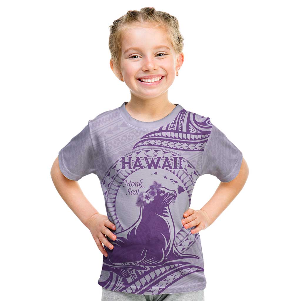 Personalised Hawaii Monk Seal Kid T Shirt Polynesian Tattoo With Tropical Flowers - Purple Pastel