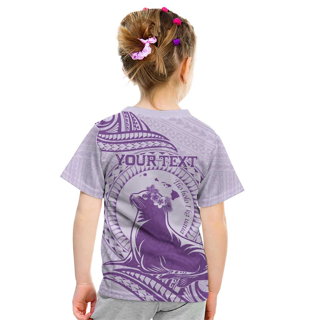 Personalised Hawaii Monk Seal Kid T Shirt Polynesian Tattoo With Tropical Flowers - Purple Pastel