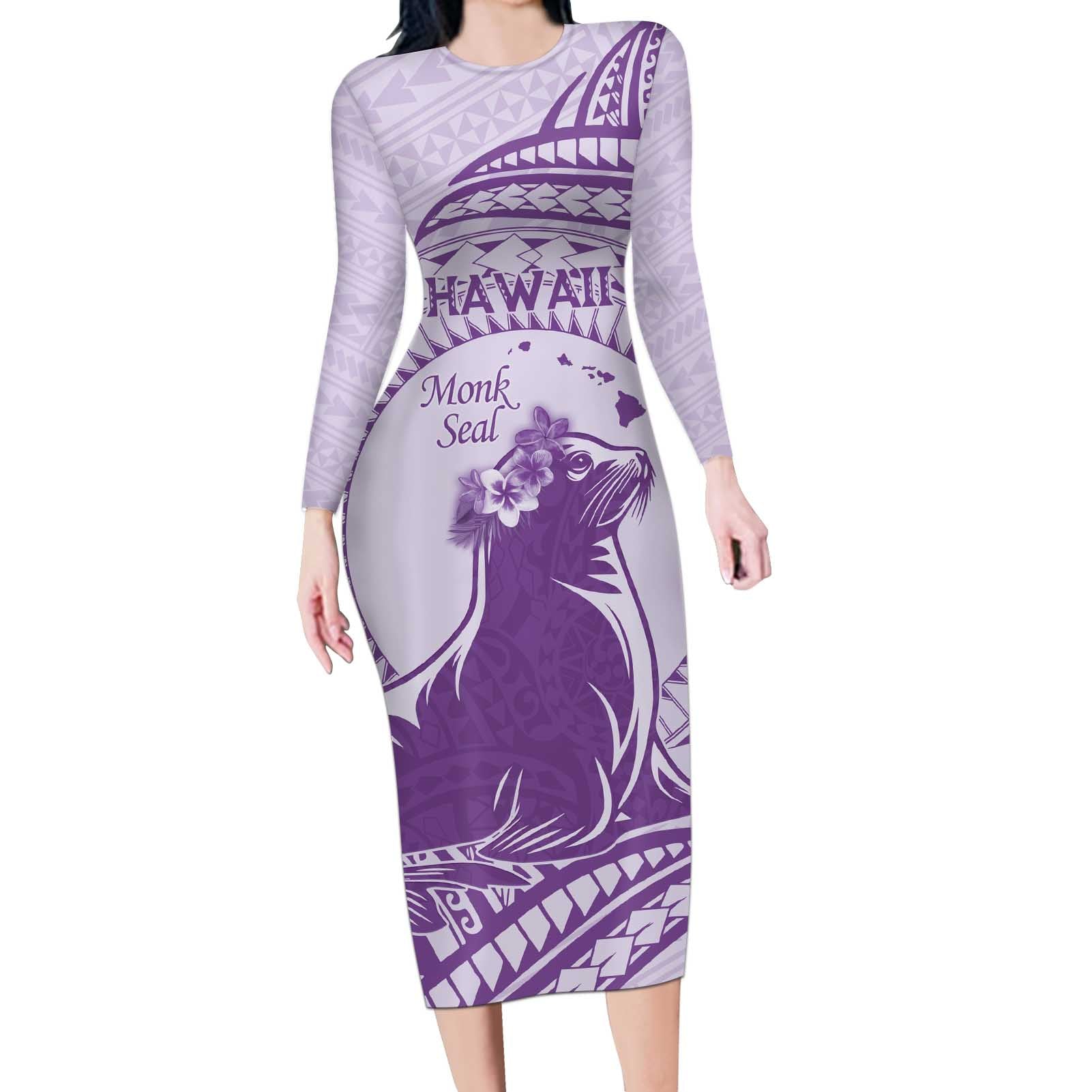 Personalised Hawaii Monk Seal Long Sleeve Bodycon Dress Polynesian Tattoo With Tropical Flowers - Purple Pastel