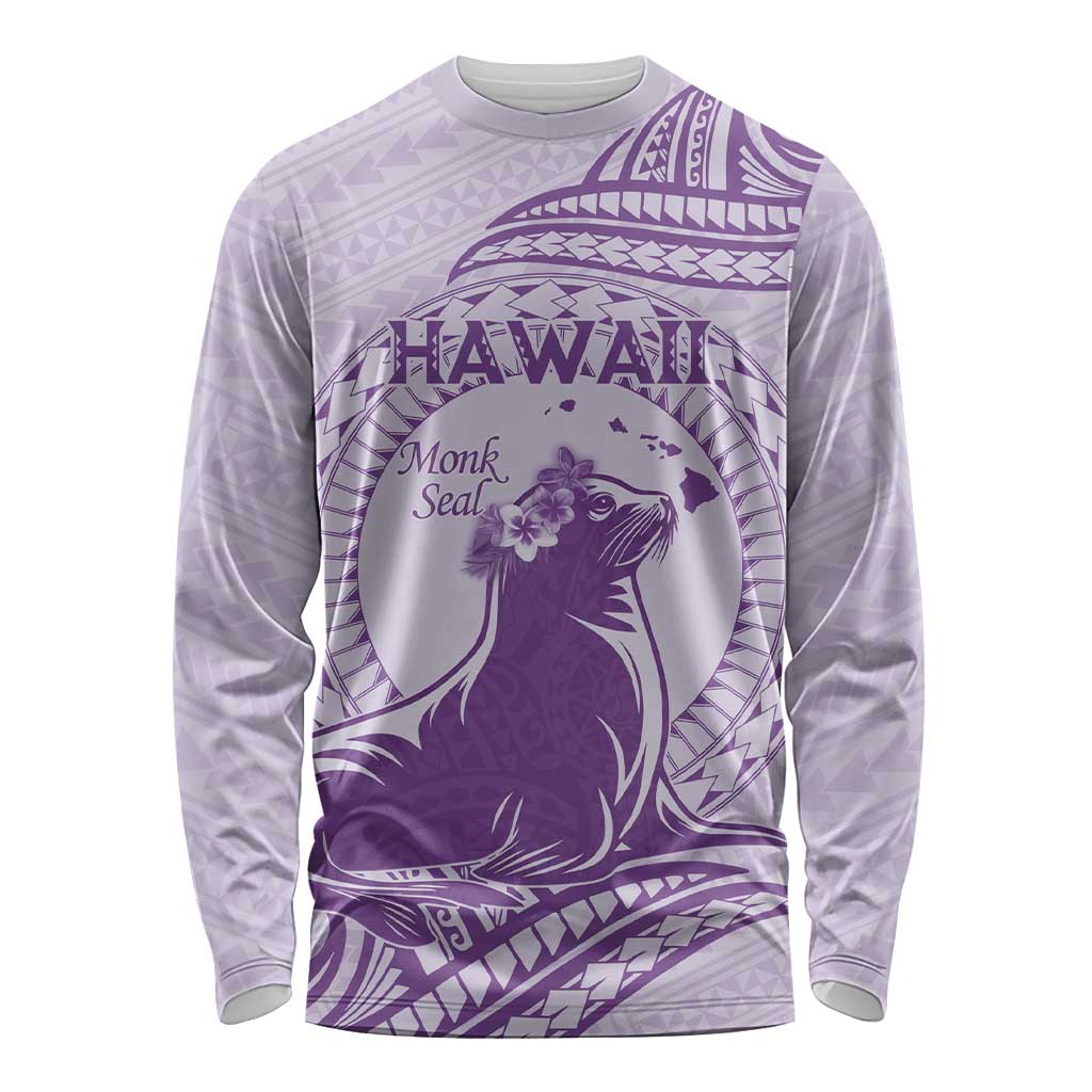 Personalised Hawaii Monk Seal Long Sleeve Shirt Polynesian Tattoo With Tropical Flowers - Purple Pastel