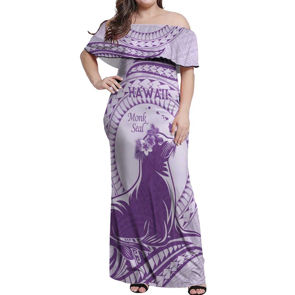 Personalised Hawaii Monk Seal Off Shoulder Maxi Dress Polynesian Tattoo With Tropical Flowers - Purple Pastel LT14 Women Purple - Polynesian Pride