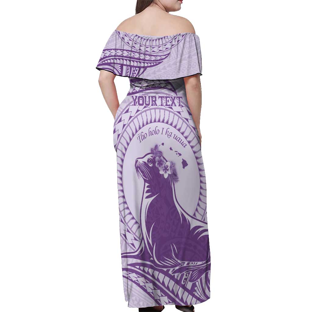 Personalised Hawaii Monk Seal Off Shoulder Maxi Dress Polynesian Tattoo With Tropical Flowers - Purple Pastel LT14 - Polynesian Pride
