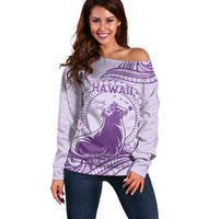 Personalised Hawaii Monk Seal Off Shoulder Sweater Polynesian Tattoo With Tropical Flowers - Purple Pastel