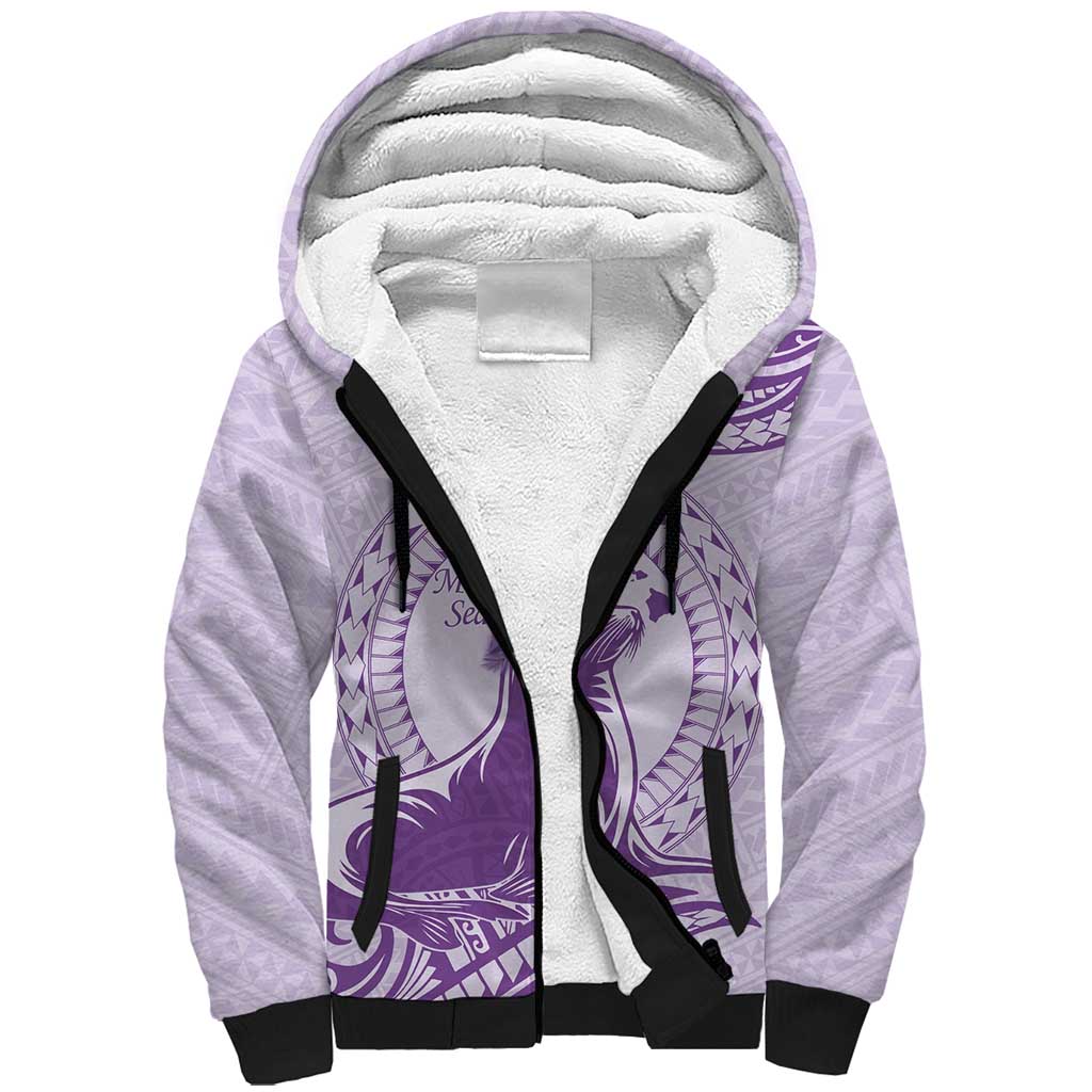 Personalised Hawaii Monk Seal Sherpa Hoodie Polynesian Tattoo With Tropical Flowers - Purple Pastel