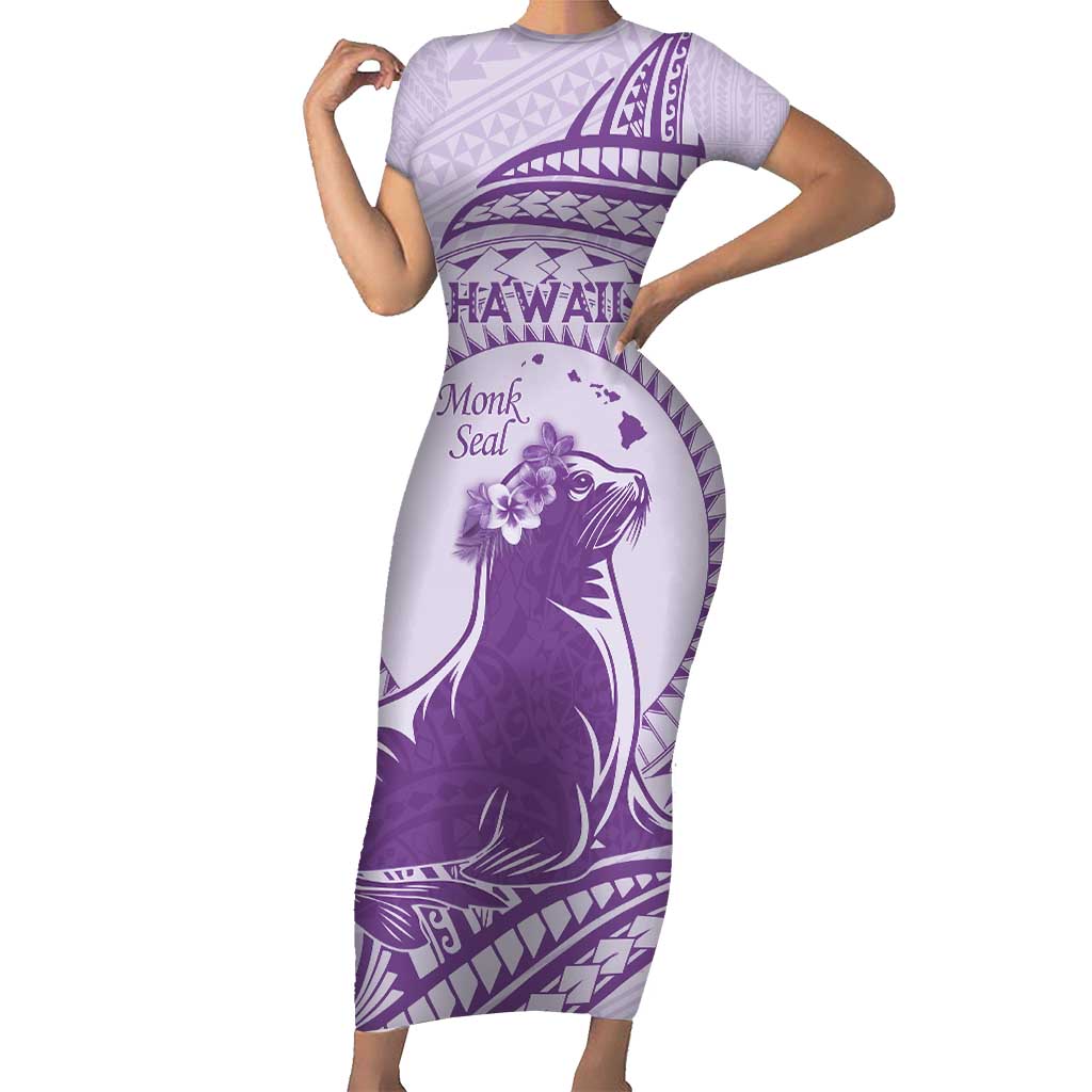 Personalised Hawaii Monk Seal Short Sleeve Bodycon Dress Polynesian Tattoo With Tropical Flowers - Purple Pastel