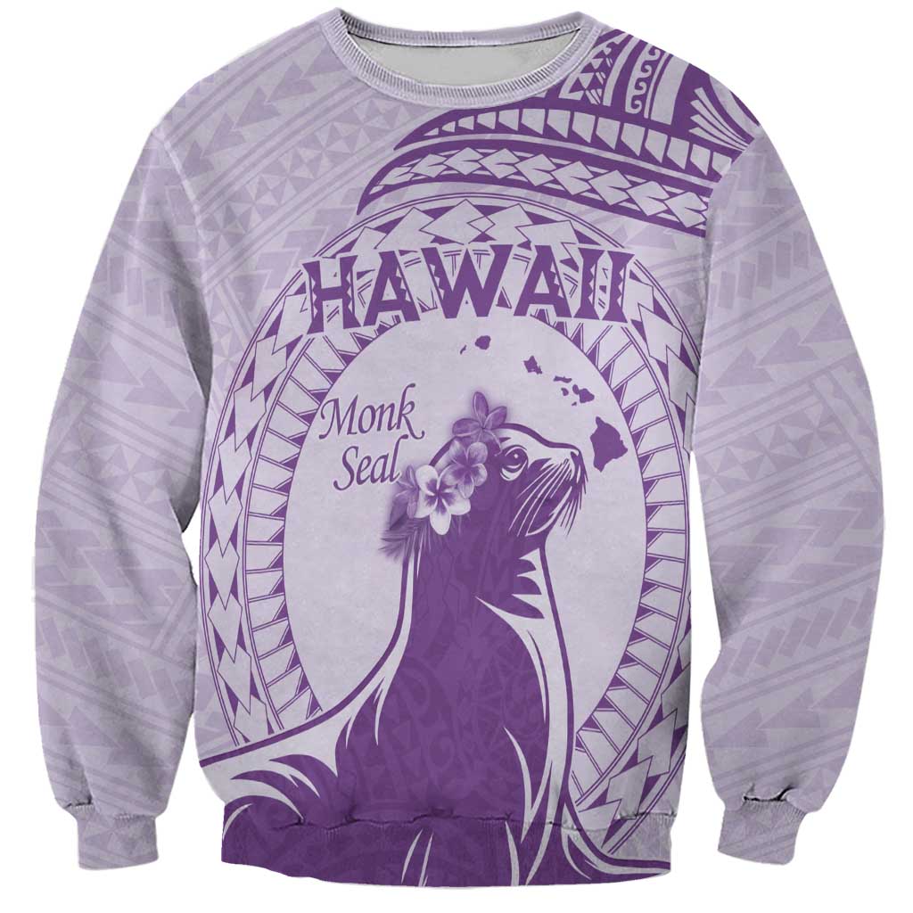 Personalised Hawaii Monk Seal Sweatshirt Polynesian Tattoo With Tropical Flowers - Purple Pastel