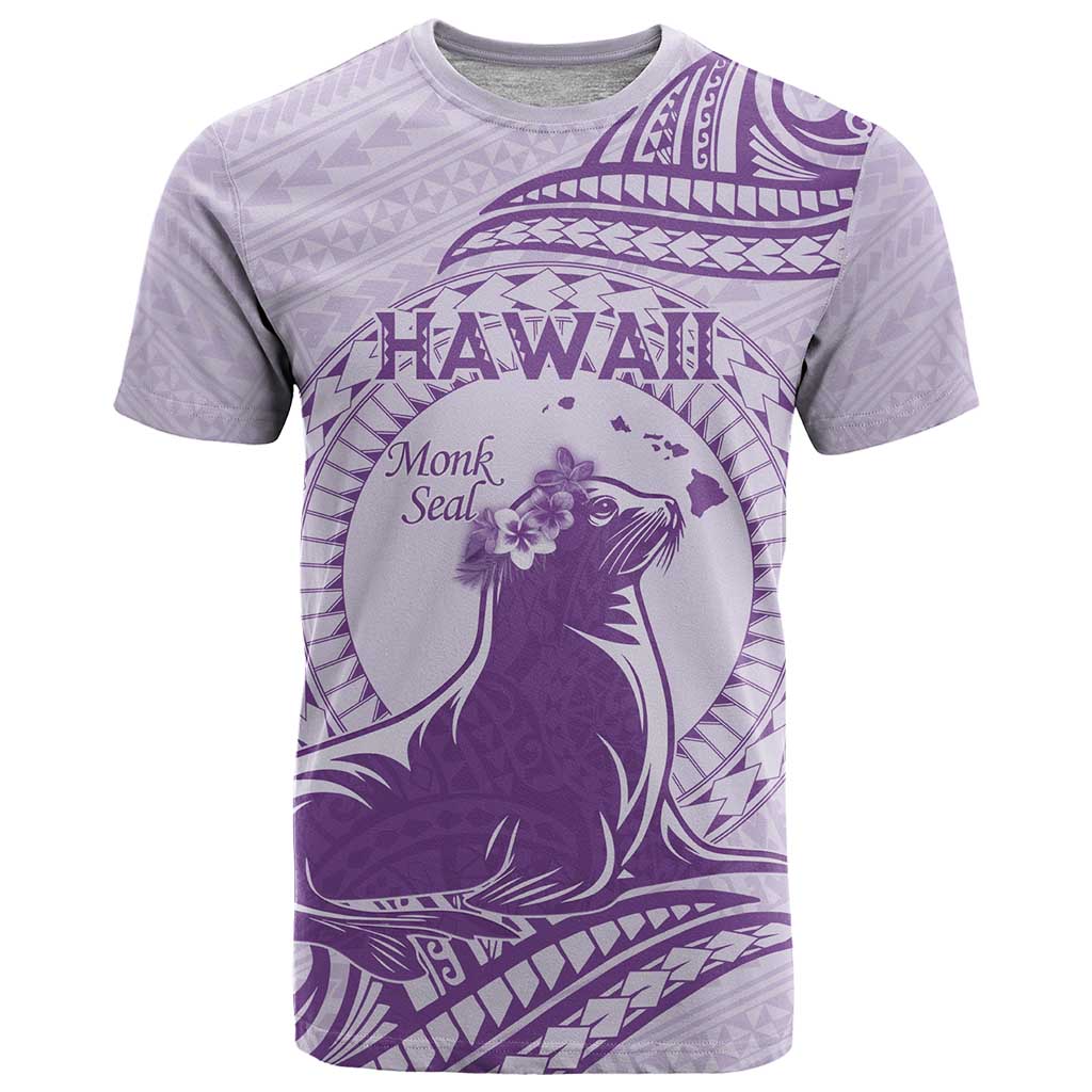 Personalised Hawaii Monk Seal T Shirt Polynesian Tattoo With Tropical Flowers - Purple Pastel