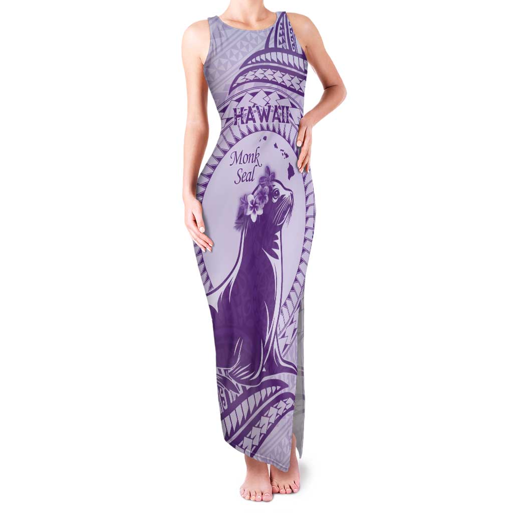 Personalised Hawaii Monk Seal Tank Maxi Dress Polynesian Tattoo With Tropical Flowers - Purple Pastel