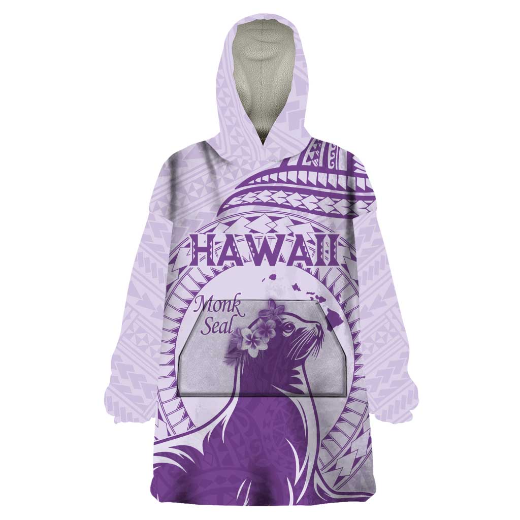 Personalised Hawaii Monk Seal Wearable Blanket Hoodie Polynesian Tattoo With Tropical Flowers - Purple Pastel