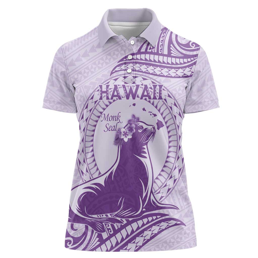 Personalised Hawaii Monk Seal Women Polo Shirt Polynesian Tattoo With Tropical Flowers - Purple Pastel