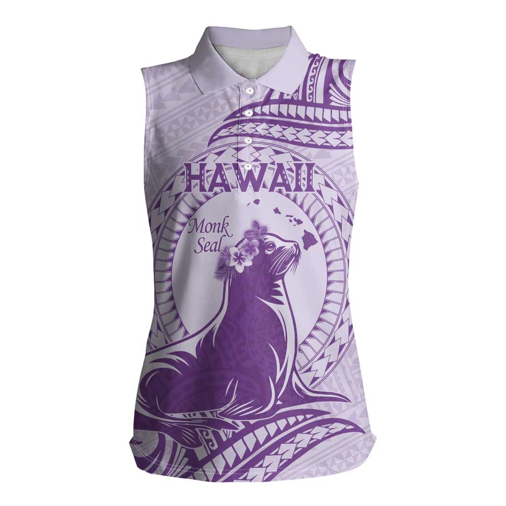 Personalised Hawaii Monk Seal Women Sleeveless Polo Shirt Polynesian Tattoo With Tropical Flowers - Purple Pastel