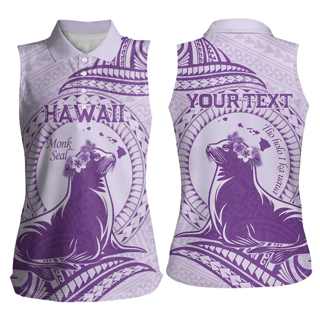 Personalised Hawaii Monk Seal Women Sleeveless Polo Shirt Polynesian Tattoo With Tropical Flowers - Purple Pastel