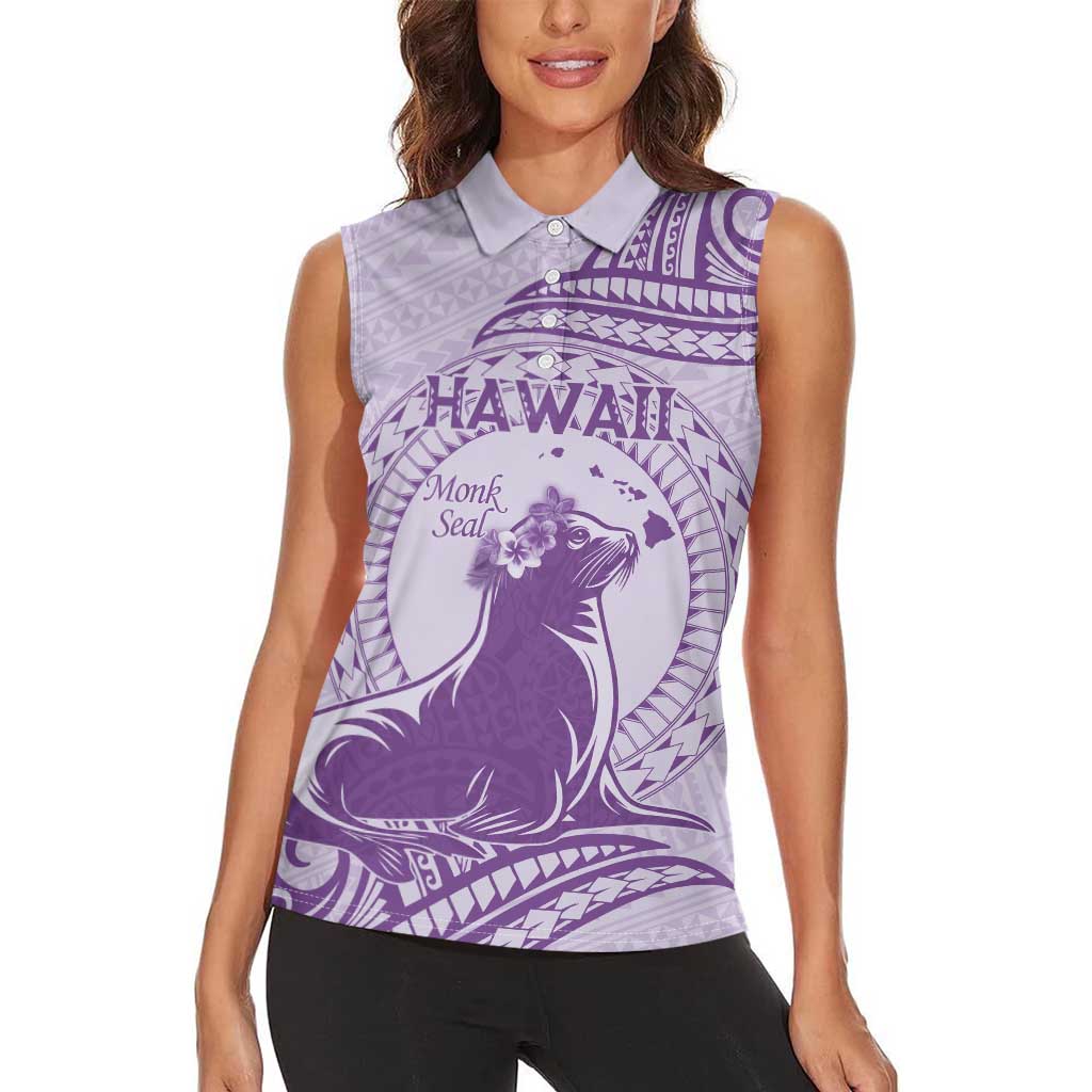 Personalised Hawaii Monk Seal Women Sleeveless Polo Shirt Polynesian Tattoo With Tropical Flowers - Purple Pastel