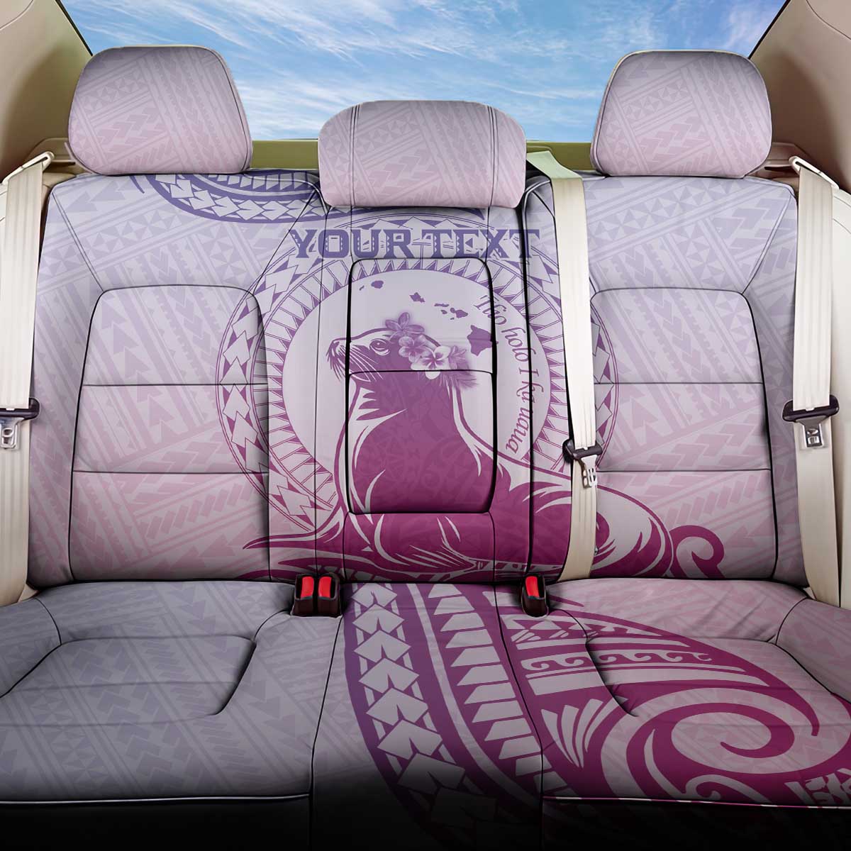 Personalised Hawaii Monk Seal Back Car Seat Cover Polynesian Tattoo With Tropical Flowers - Purple Gradient