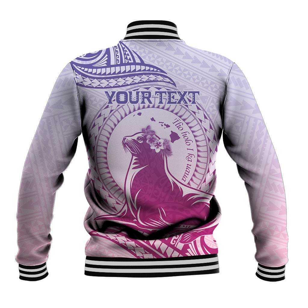 Personalised Hawaii Monk Seal Baseball Jacket Polynesian Tattoo With Tropical Flowers - Purple Gradient LT14 - Polynesian Pride