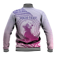 Personalised Hawaii Monk Seal Baseball Jacket Polynesian Tattoo With Tropical Flowers - Purple Gradient LT14 - Polynesian Pride
