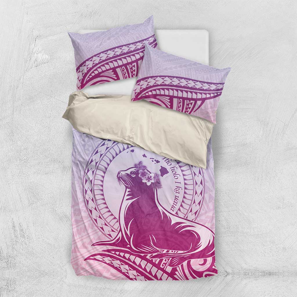 Personalised Hawaii Monk Seal Bedding Set Polynesian Tattoo With Tropical Flowers - Purple Gradient