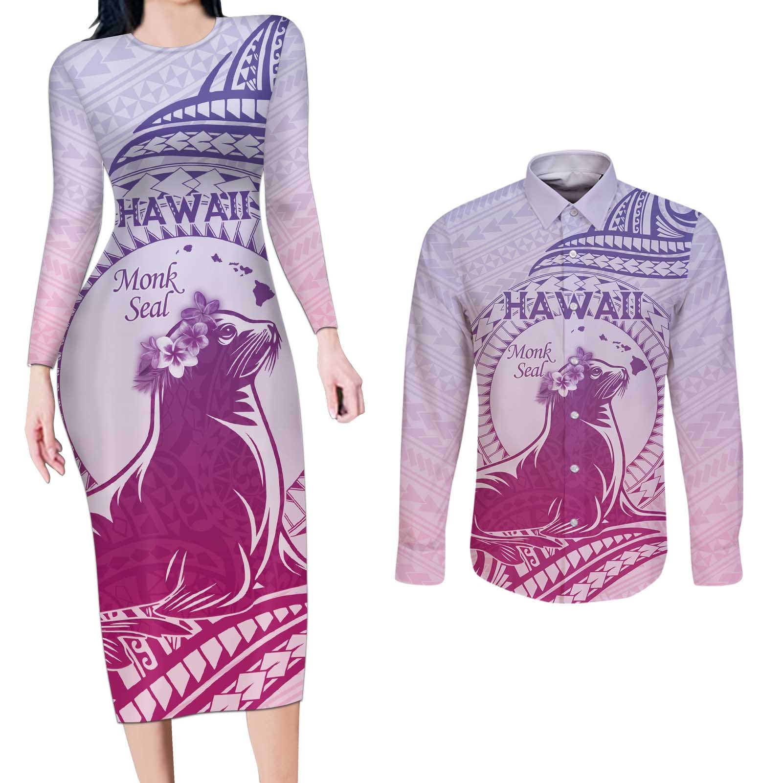 Personalised Hawaii Monk Seal Couples Matching Long Sleeve Bodycon Dress and Long Sleeve Button Shirt Polynesian Tattoo With Tropical Flowers - Purple Gradient