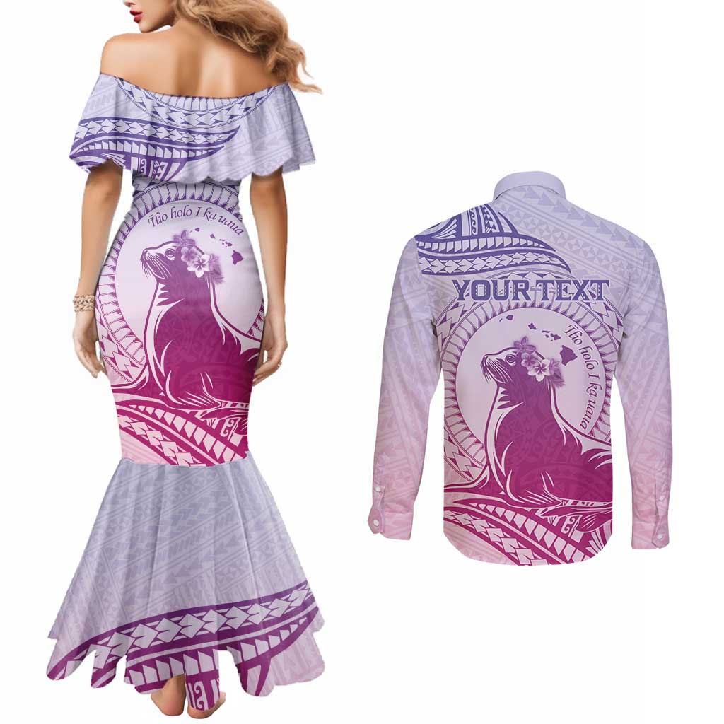 Personalised Hawaii Monk Seal Couples Matching Mermaid Dress and Long Sleeve Button Shirt Polynesian Tattoo With Tropical Flowers - Purple Gradient LT14 - Polynesian Pride