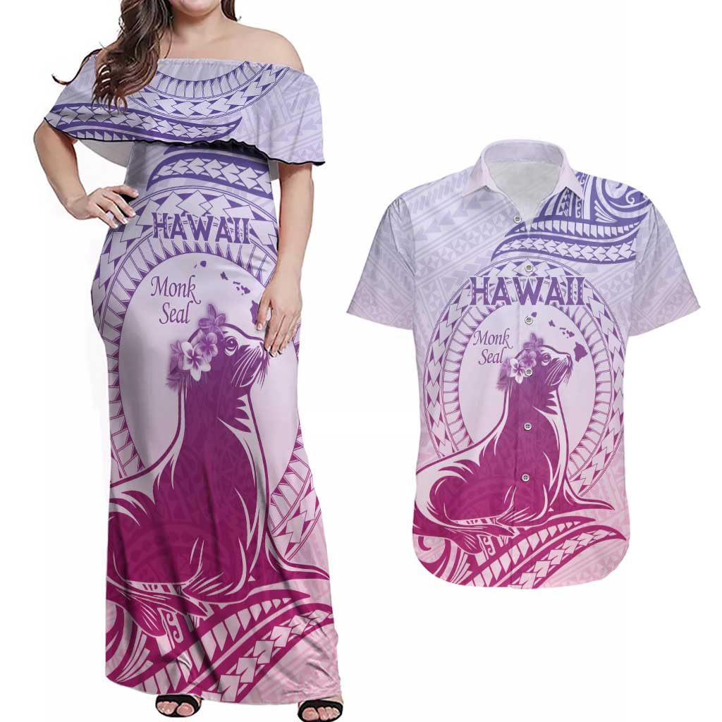 Personalised Hawaii Monk Seal Couples Matching Off Shoulder Maxi Dress and Hawaiian Shirt Polynesian Tattoo With Tropical Flowers - Purple Gradient