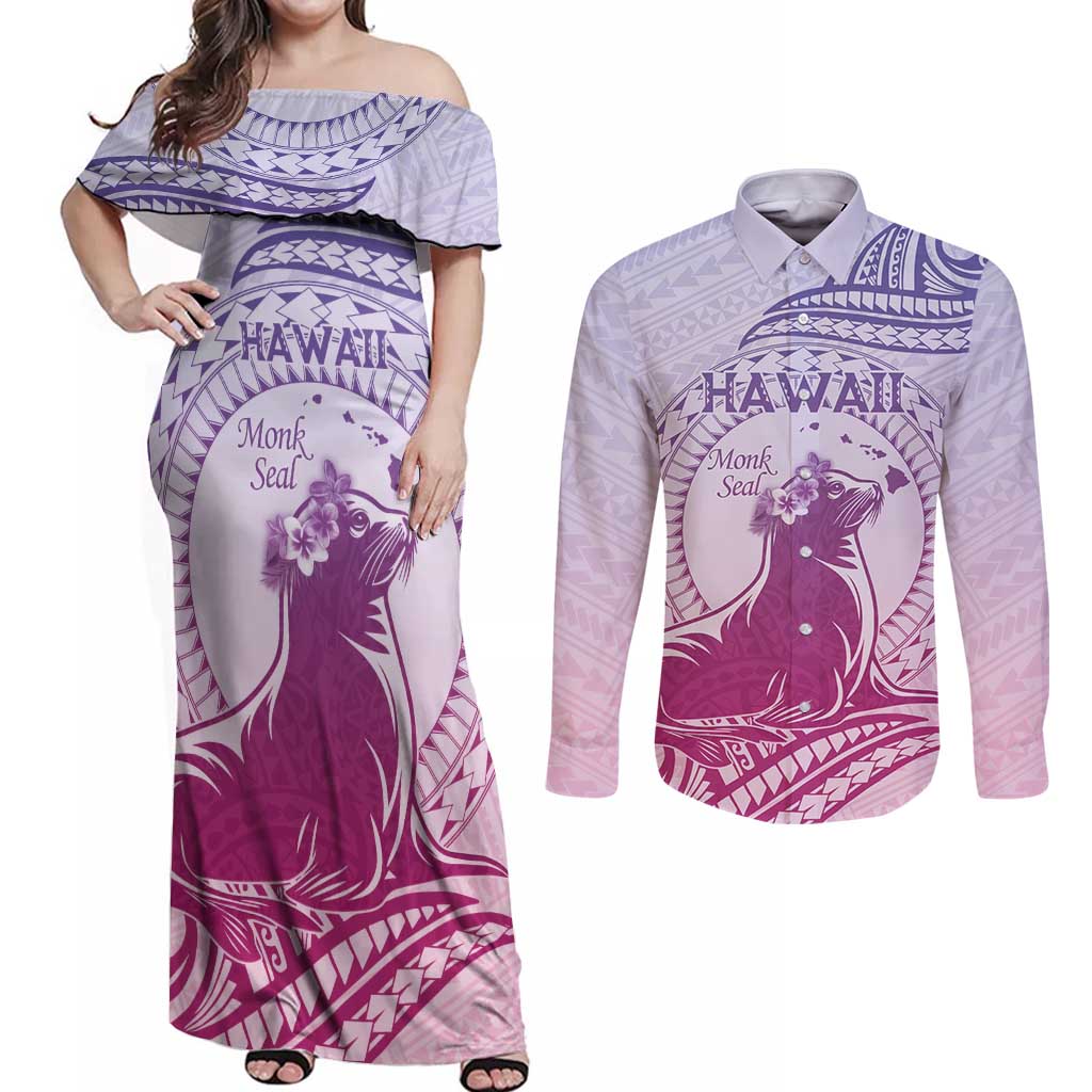 Personalised Hawaii Monk Seal Couples Matching Off Shoulder Maxi Dress and Long Sleeve Button Shirt Polynesian Tattoo With Tropical Flowers - Purple Gradient