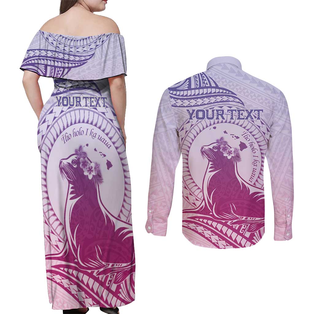 Personalised Hawaii Monk Seal Couples Matching Off Shoulder Maxi Dress and Long Sleeve Button Shirt Polynesian Tattoo With Tropical Flowers - Purple Gradient LT14 - Polynesian Pride