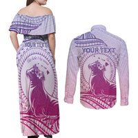 Personalised Hawaii Monk Seal Couples Matching Off Shoulder Maxi Dress and Long Sleeve Button Shirt Polynesian Tattoo With Tropical Flowers - Purple Gradient LT14 - Polynesian Pride