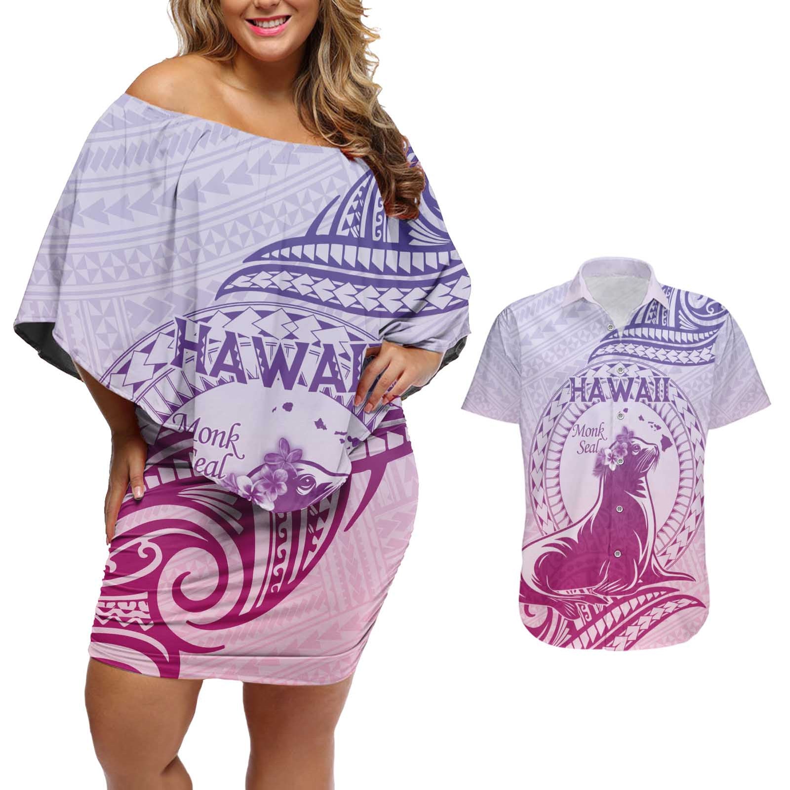 Personalised Hawaii Monk Seal Couples Matching Off Shoulder Short Dress and Hawaiian Shirt Polynesian Tattoo With Tropical Flowers - Purple Gradient LT14 Purple - Polynesian Pride